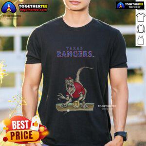 Alt Text: Original Texas Rangers Tiny Turnip Velociraptor T-Shirt featuring a colorful dinosaur design for fans.