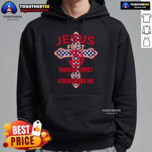 Premium Atlanta Hawks hoodie featuring 'Jesus First Through Christ Who Strengthens Me' design for fans and believers.