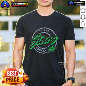 Premium Dallas Stars Hockey Colorblock Puck Logo T-Shirt featuring vibrant team colors and iconic logo design.