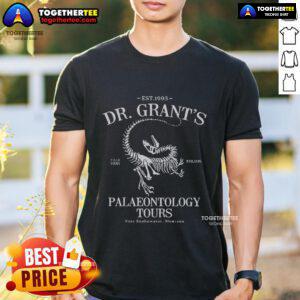Alt Text: Premium Dr. Grant's Fossil Tours T-Shirt featuring a vibrant dinosaur graphic, perfect for fossil enthusiasts and fans.