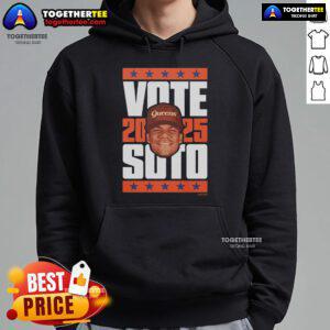 Premium Juan Soto 2025 Vote Hoodie in navy blue, featuring bold graphics and a comfortable fit for fans.