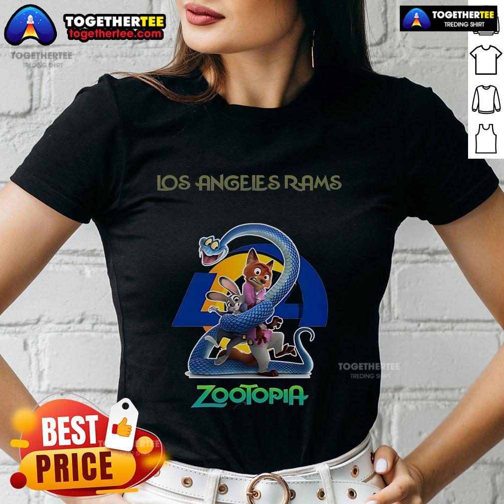 Premium Los Angeles Rams Zootopia 2 ladies tee featuring vibrant graphics and a comfortable fit for fans.