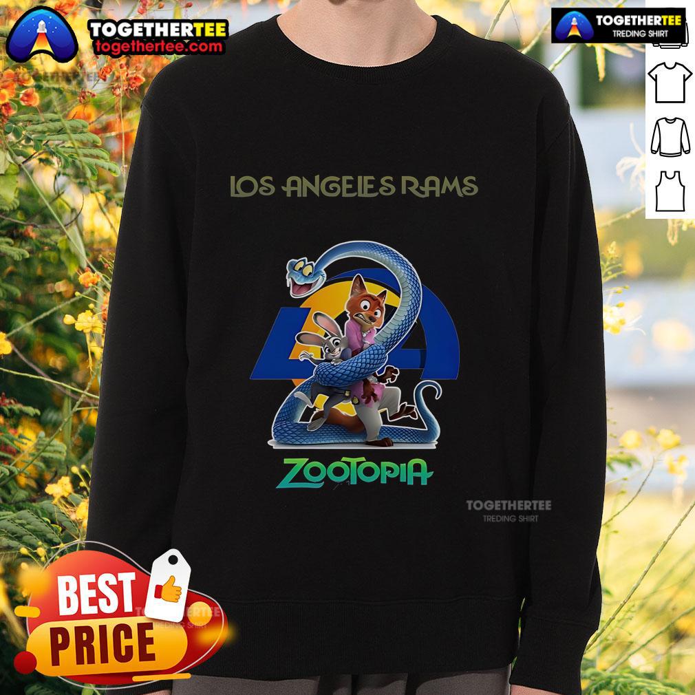 Premium Los Angeles Rams Zootopia 2 Sweatshirt featuring vibrant graphics and a cozy design for fans.