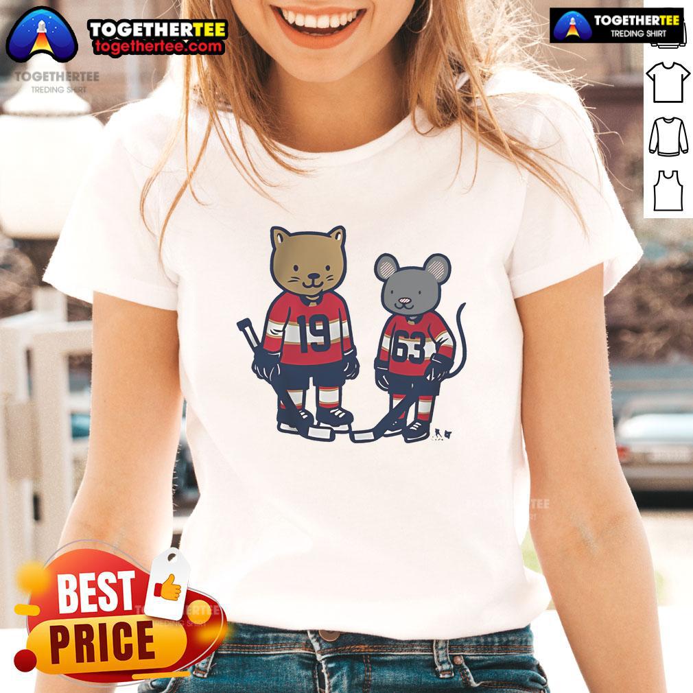 Premium Matthew Tkachuk Brad Marchand Cat and Rat Ladies Tee featuring playful graphics for hockey fans.