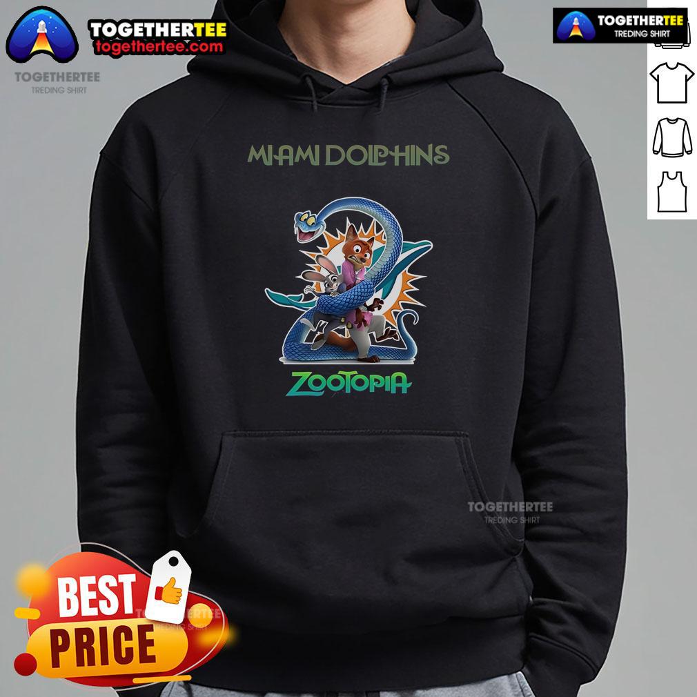 Premium Miami Dolphins Zootopia 2 Hoodie featuring vibrant colors and unique design for fans of the team.