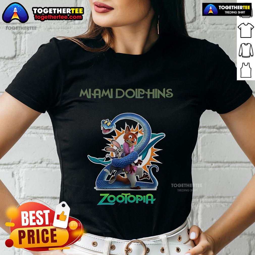 Premium Miami Dolphins Zootopia 2 Ladies Tee featuring vibrant colors and stylish design for passionate fans.