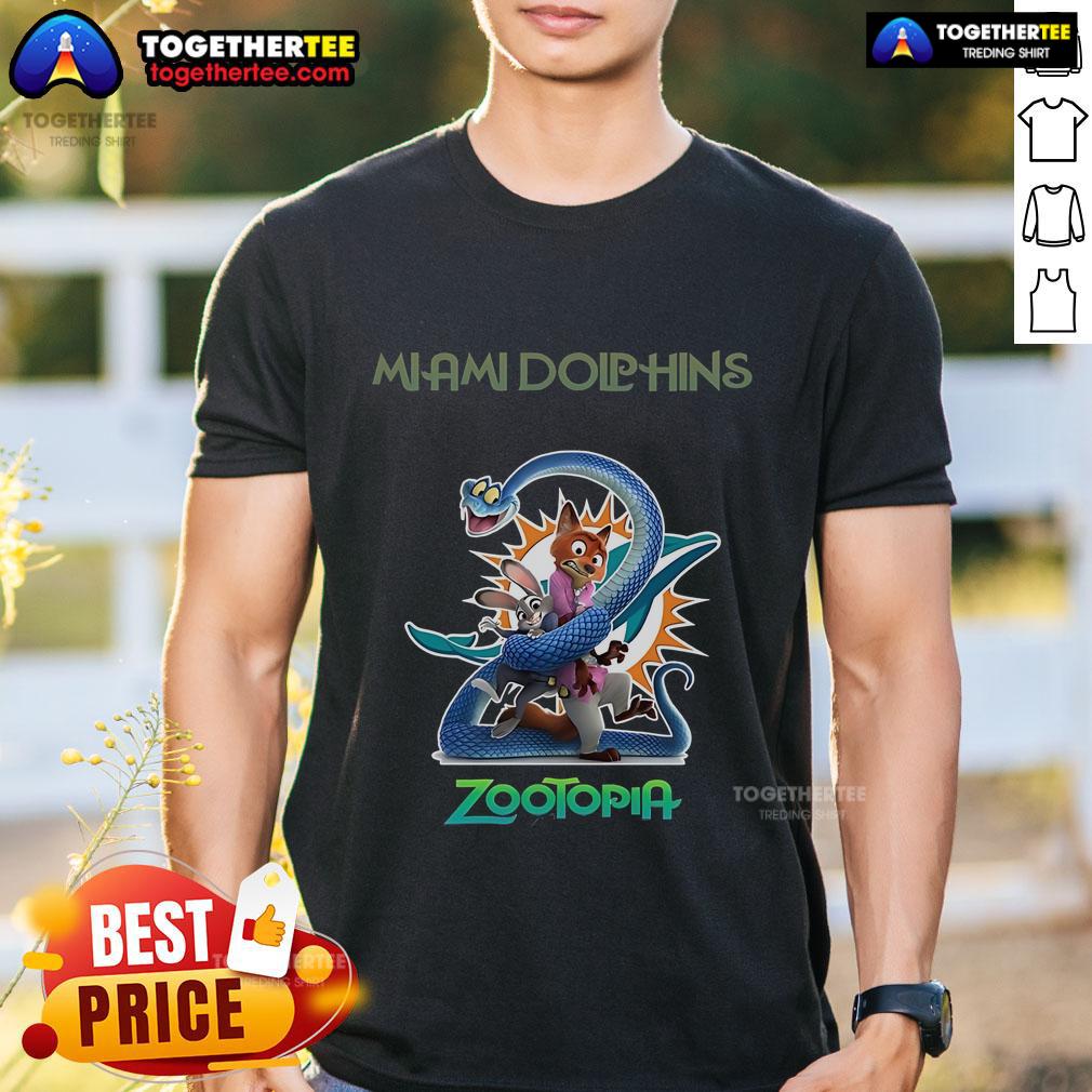 Premium Miami Dolphins Zootopia 2 T-Shirt featuring vibrant graphics and comfortable fit for fans and collectors.