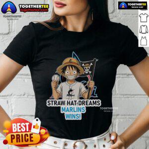 Premium Miami Marlins Monkey D. Luffy Straw Hat Dreams Wins ladies tee featuring vibrant graphics and a stylish design.