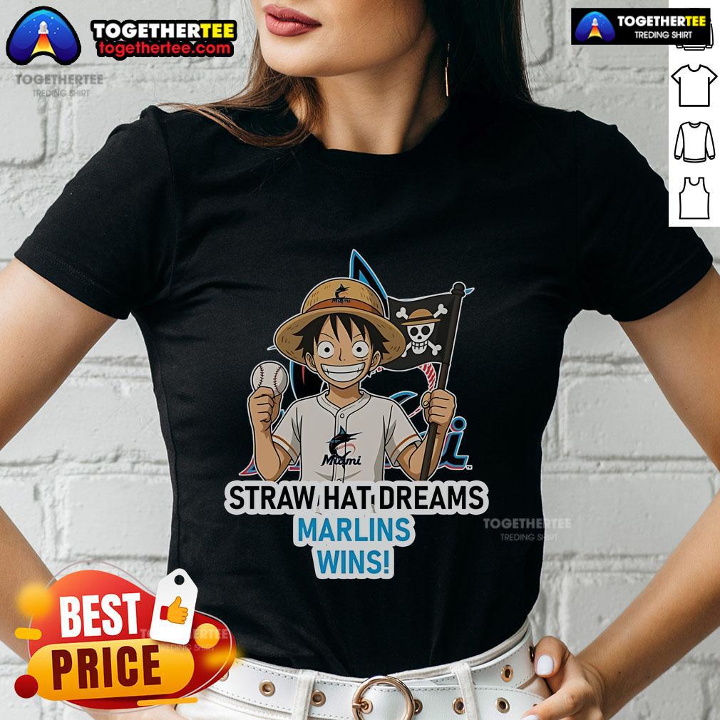 Premium Miami Marlins Monkey D. Luffy Straw Hat Dreams Wins ladies tee featuring vibrant graphics and a stylish design.