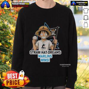 Premium Miami Marlins Monkey D. Luffy Straw Hat Dreams Wins Sweatshirt featuring vibrant graphics and cozy design.