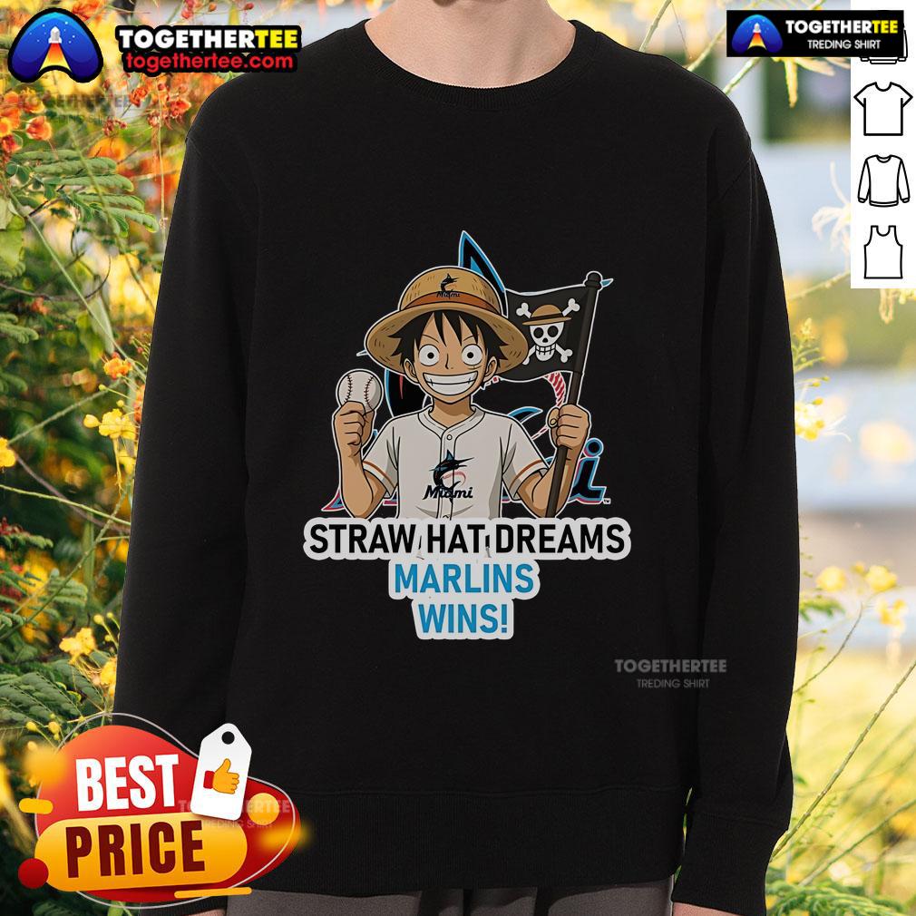 Premium Miami Marlins Monkey D. Luffy Straw Hat Dreams Wins Sweatshirt featuring vibrant graphics and cozy design.