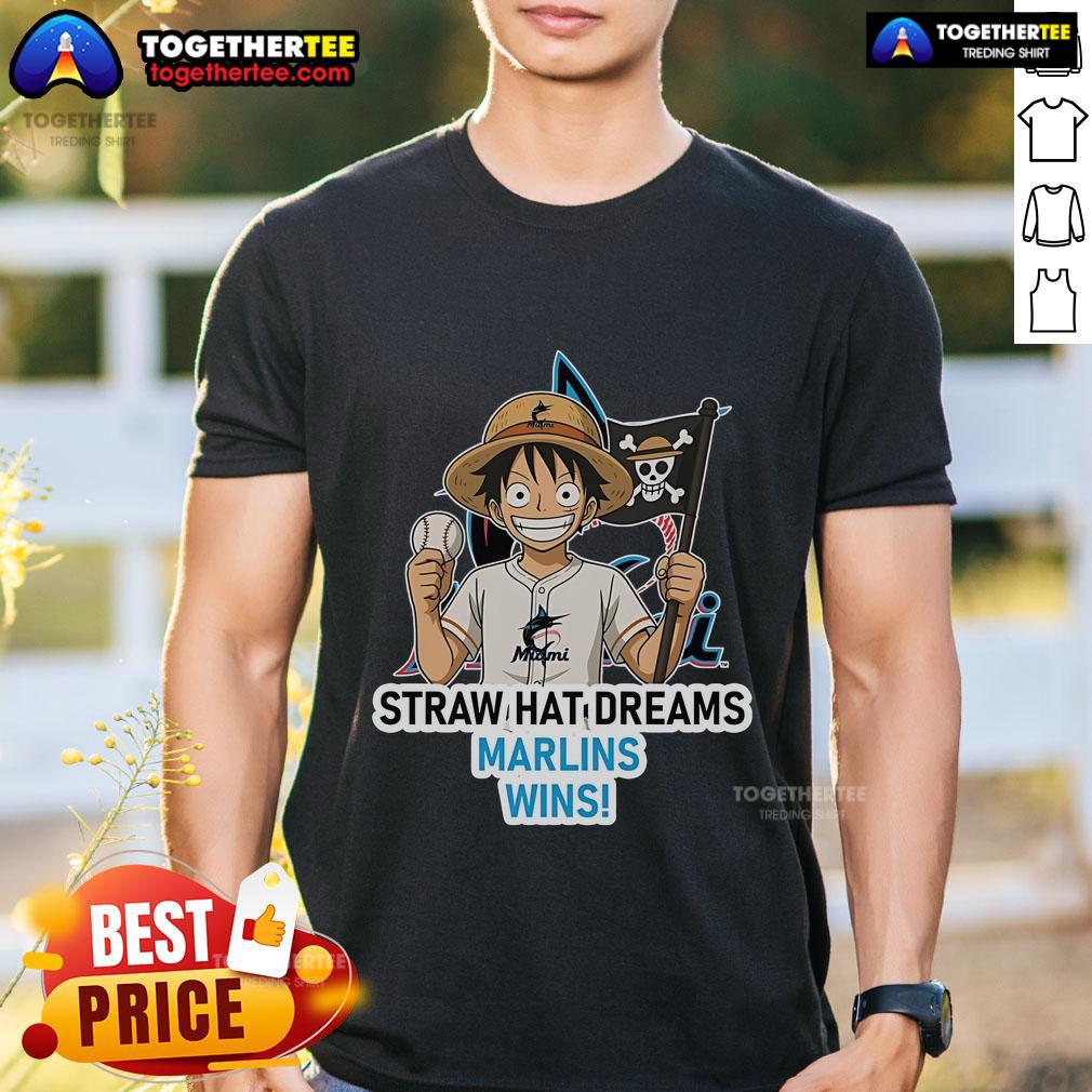 Premium Miami Marlins Monkey D. Luffy Straw Hat Dreams T-Shirt featuring vibrant graphics and a comfortable fit.