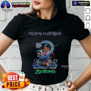 Premium Miami Marlins Zootopia 2 Ladies Tee featuring vibrant graphics and comfortable fit for fans.