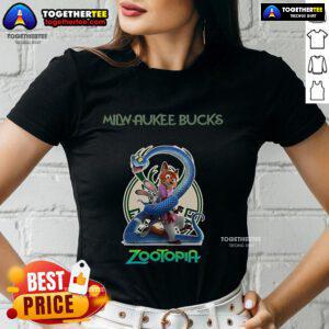 Premium Milwaukee Bucks Zootopia 2 Ladies Tee featuring vibrant graphics and comfortable fit for fans.