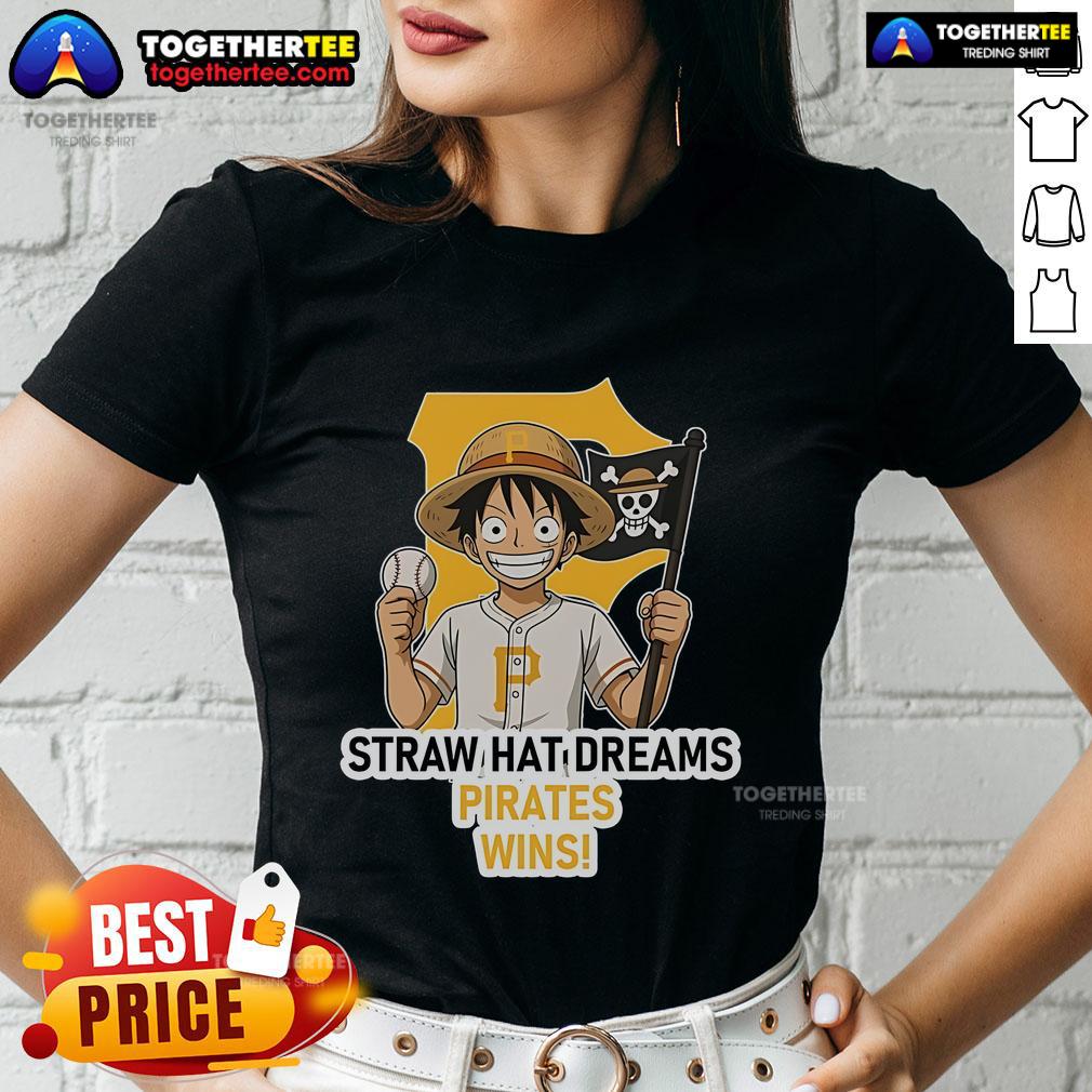 Premium Pittsburgh Pirates Monkey D. Luffy Straw Hat Dreams Wins Ladies Tee showcasing vibrant design and team spirit.