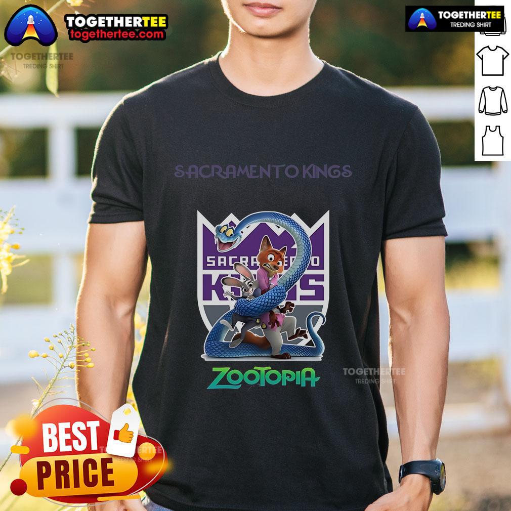 Premium Sacramento Kings Zootopia 2 T-Shirt featuring vibrant graphics, perfect for fans and collectors of NBA apparel.