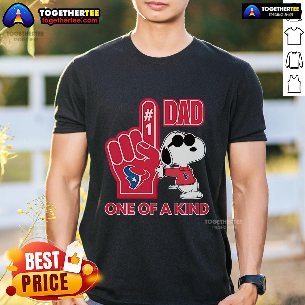 Premium Snoopy Houston Texans Dad One Of A Kind T-Shirt featuring Snoopy in Texans gear, perfect for Father's Day gifts.