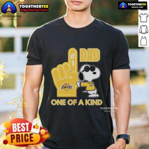 Alt Text: Premium Snoopy Los Angeles Lakers Dad T-Shirt featuring a unique design perfect for Lakers fans and fathers.