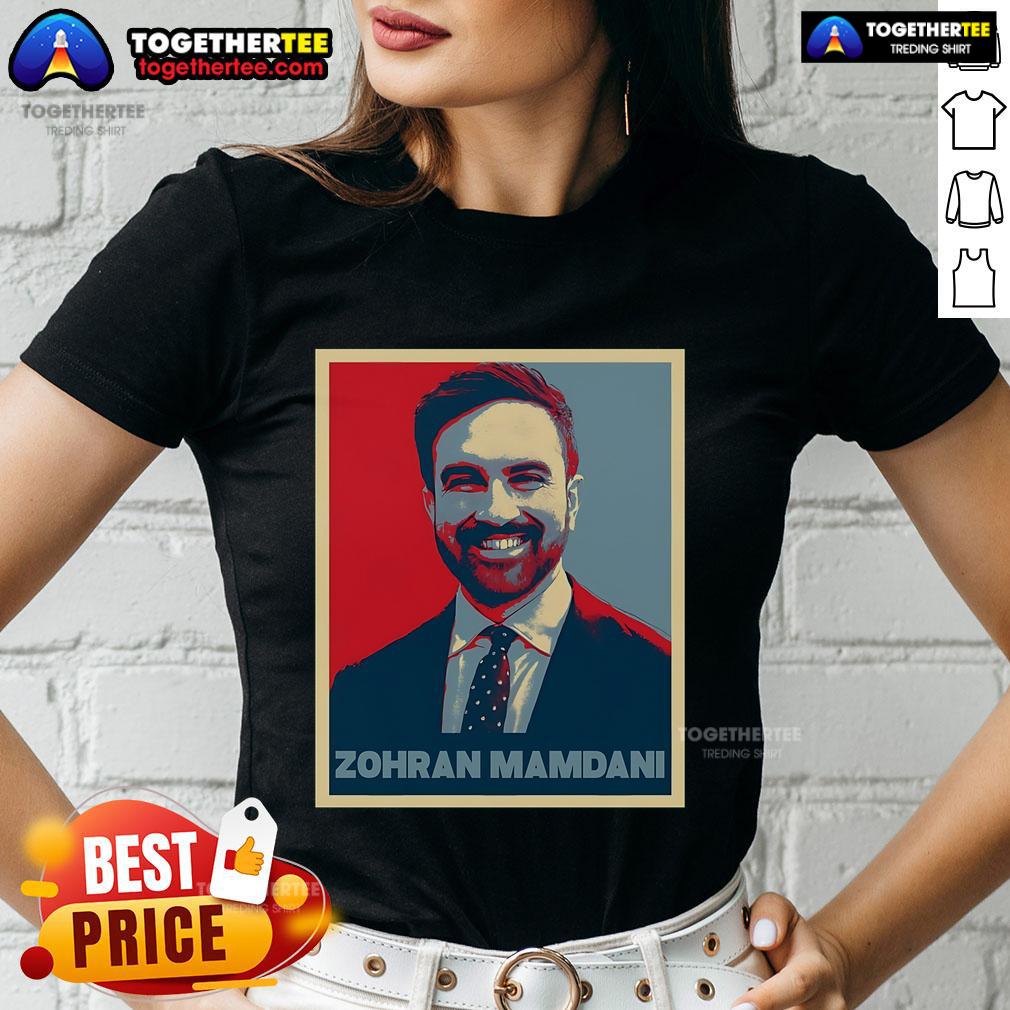 Premium Zohran Mamdani vintage poster design on a stylish ladies tee for a trendy, retro-inspired look.