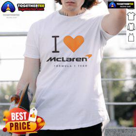 Pretty I Love McLaren Formula 1 Team T-Shirt featuring vibrant colors and the iconic McLaren logo.