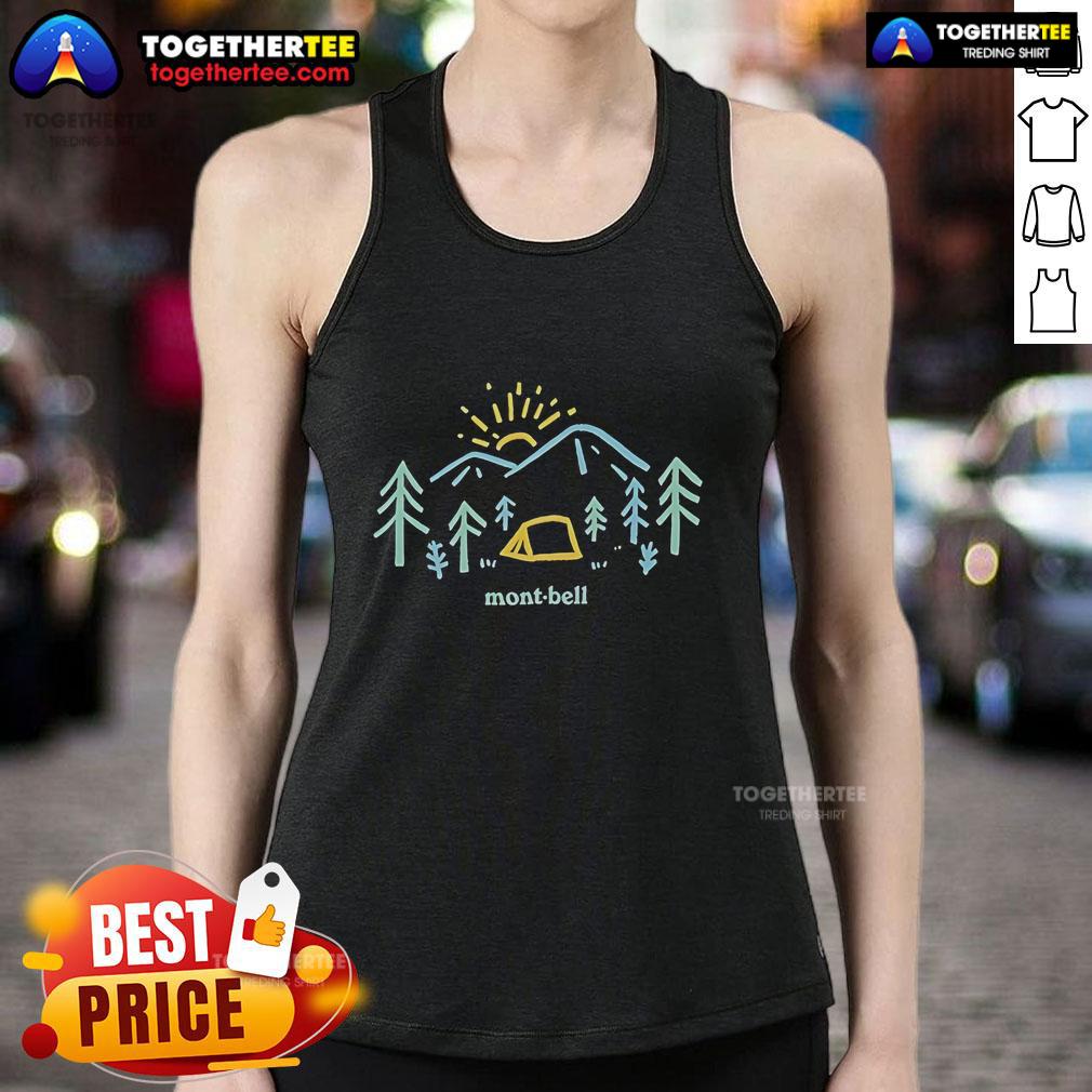 Pretty Montbell Pear Skin Mountain Morning Tank Top displayed against a scenic mountain backdrop, ideal for outdoor adventures.