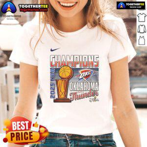 Top 2025 NBA Champions Oklahoma City Thunder Cup Ladies Tee featuring team colors and logo, perfect for fans.