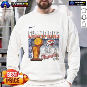 Top 2025 NBA Champions Oklahoma City Thunder cup sweatshirt featuring team logo and vibrant design for fans.