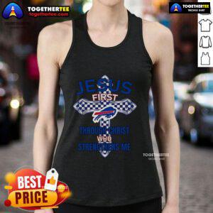 Top Buffalo Bills Jesus 'First Through Christ Who Strengthens Me' tank top in blue, perfect for fans and faith-inspired apparel.