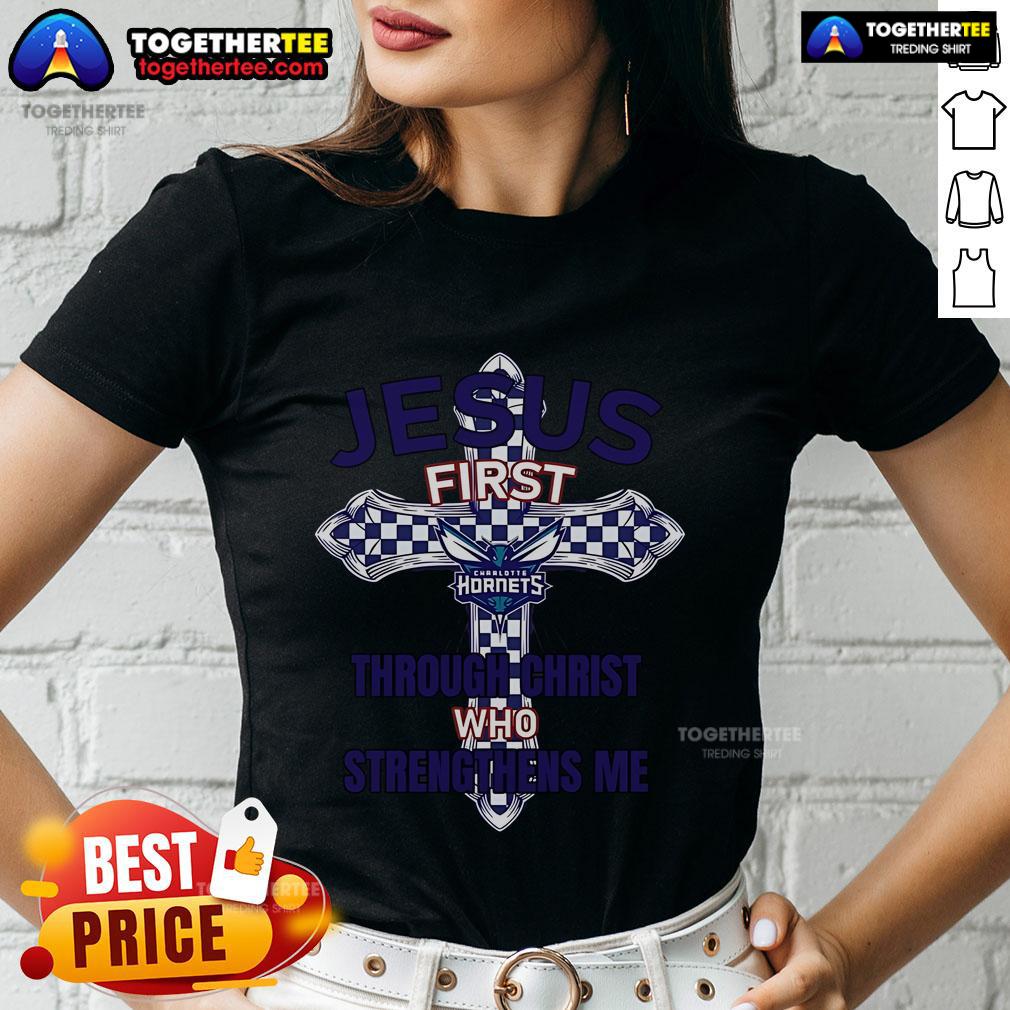 Alt Text: Ladies tee featuring 'Jesus First' and 'Through Christ Who Strengthens Me' with Charlotte Hornets logo.