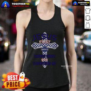 Alt Text: Top Charlotte Hornets tank top featuring 'Jesus First Through Christ Who Strengthens Me' design in vibrant colors.