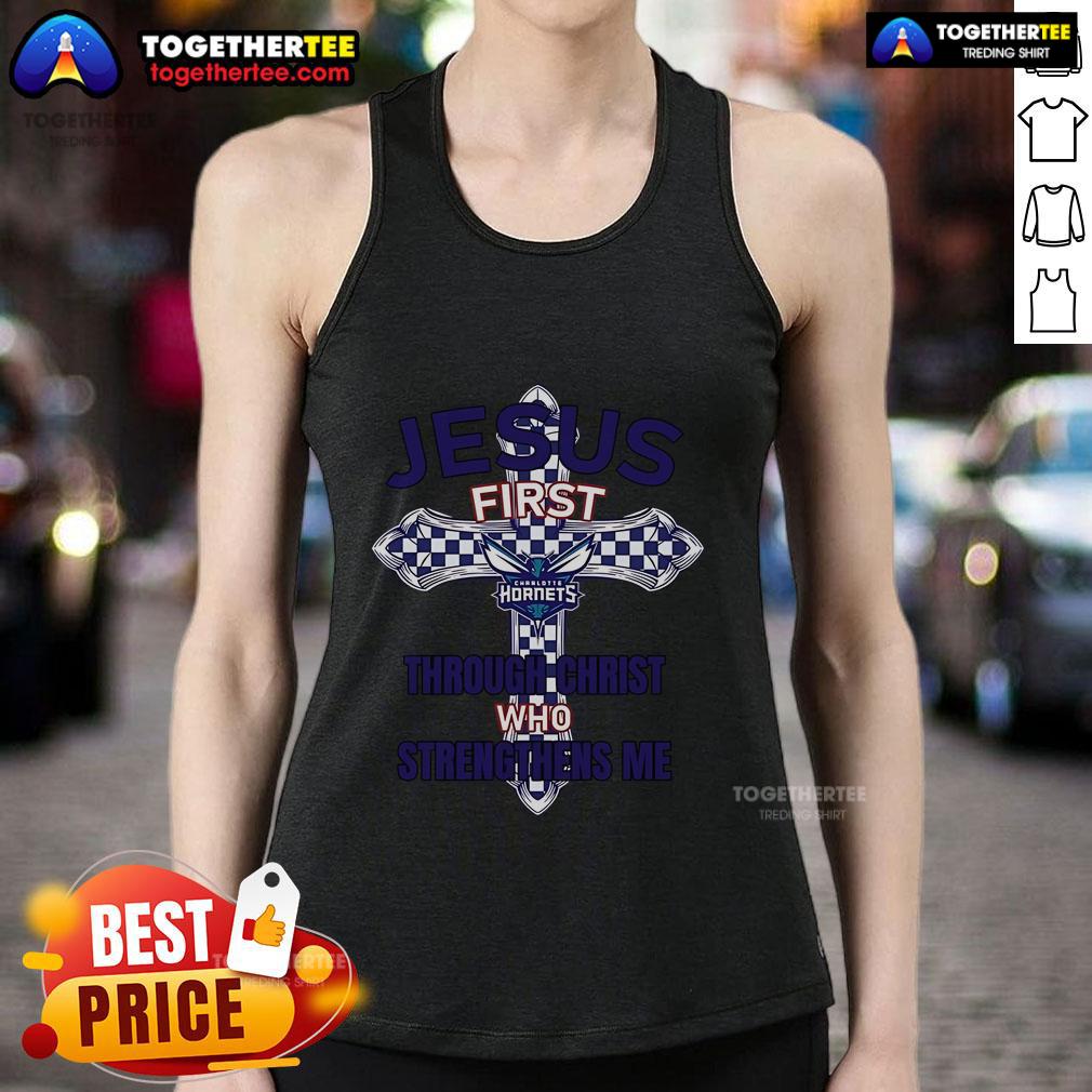 Alt Text: Top Charlotte Hornets tank top featuring 'Jesus First Through Christ Who Strengthens Me' design in vibrant colors.