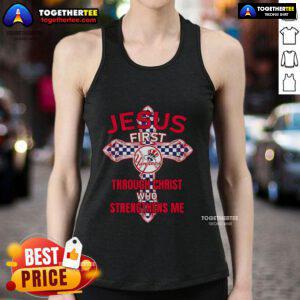 Top New York Yankees Jesus tank top featuring 'I Can Do All Things Through Christ Who Strengthens Me' design.