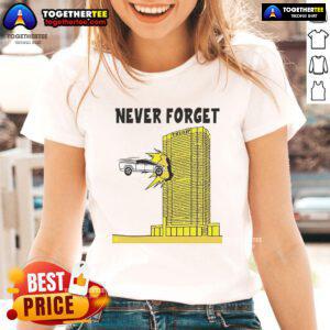 Alt Text: Tesla Cybertruck crashed into Trump building, featured on a ladies tee, blending humor and pop culture.