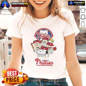 Good Snoopy and friend cartoon on Philadelphia Phillies baseball ladies tee, perfect for fans and casual wear.