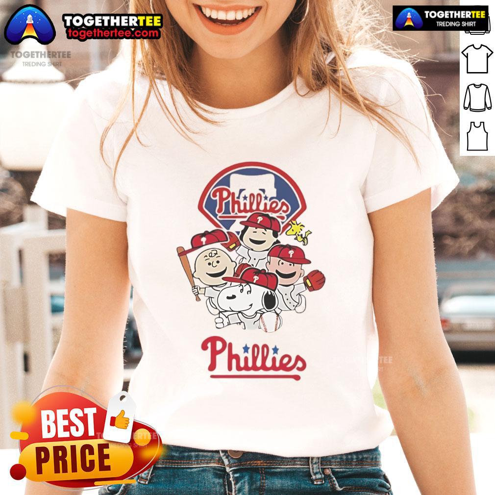 Good Snoopy and friend cartoon on Philadelphia Phillies baseball ladies tee, perfect for fans and casual wear.