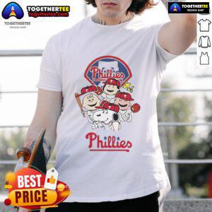 Good Snoopy and friend cartoon on a Philadelphia Phillies baseball T-shirt, perfect for fans and collectors.