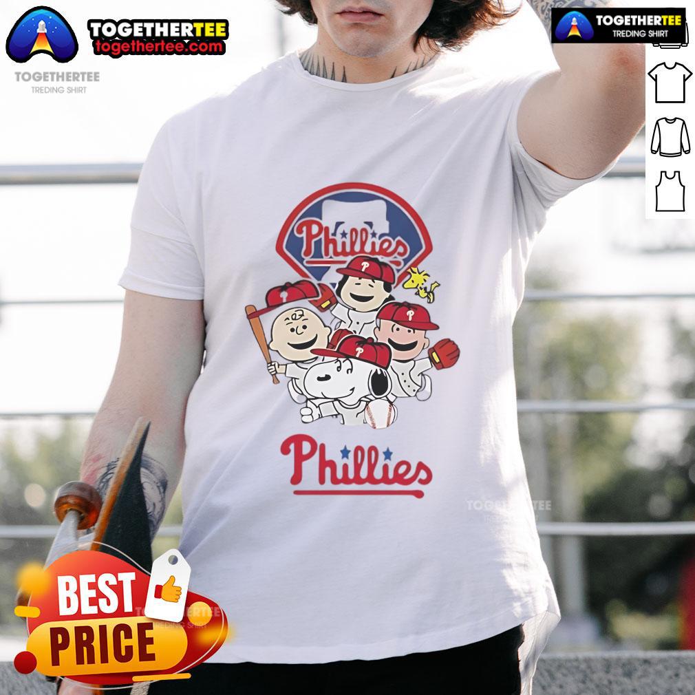 Good Snoopy and friend cartoon on a Philadelphia Phillies baseball T-shirt, perfect for fans and collectors.