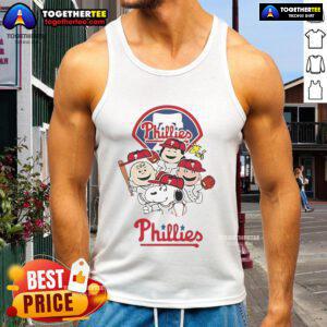 Good Snoopy and friend cartoon on a Philadelphia Phillies baseball tank top, perfect for fans and summer wear.