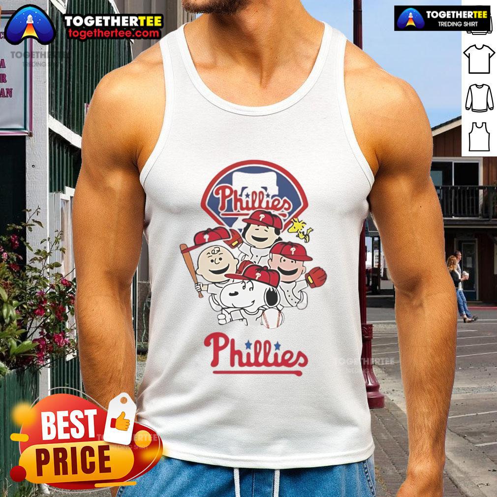 Good Snoopy and friend cartoon on a Philadelphia Phillies baseball tank top, perfect for fans and summer wear.