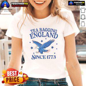 Patriotic eagle graphic on a ladies tee celebrating Good Tea Bagging England since 1773.