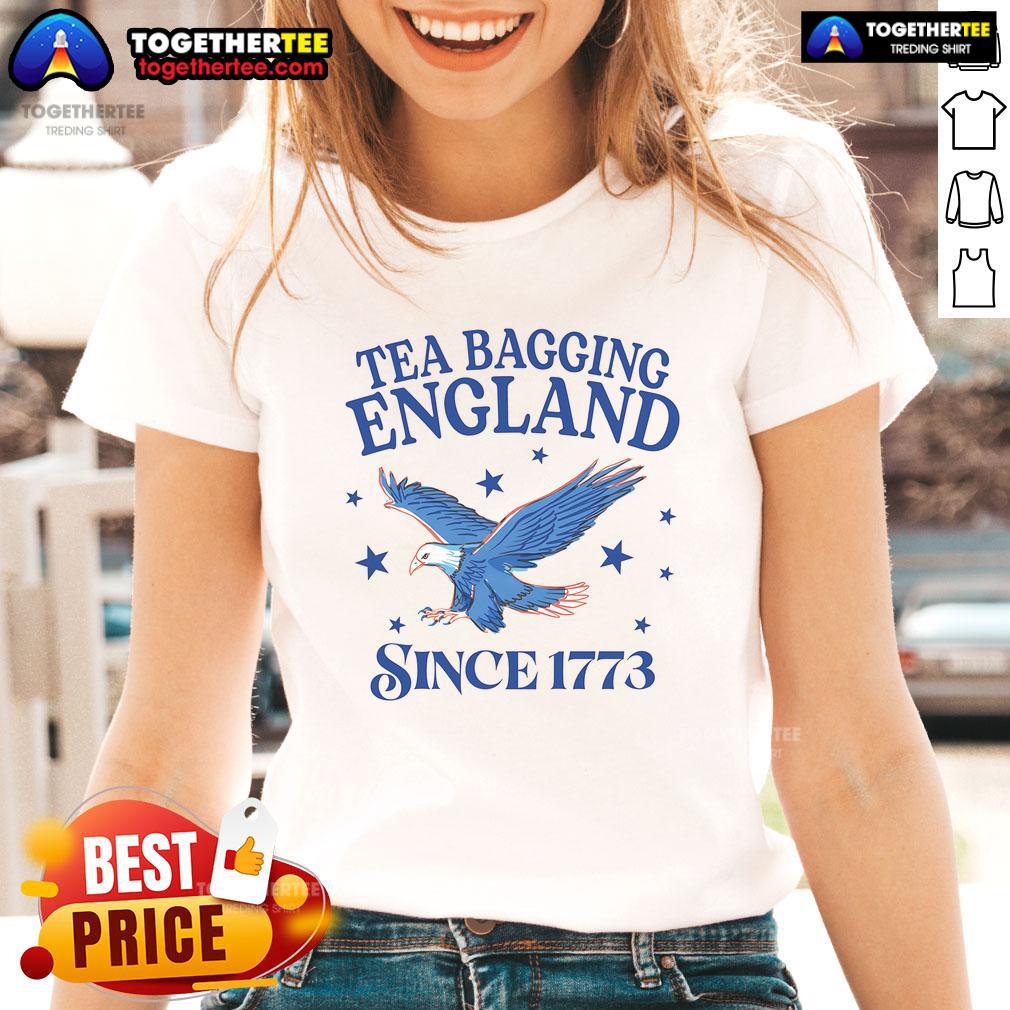 Patriotic eagle graphic on a ladies tee celebrating Good Tea Bagging England since 1773.