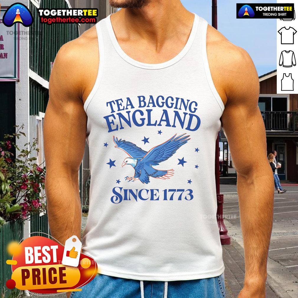 Patriotic eagle tank top featuring 'Good Tea Bagging England Since 1773' design, perfect for tea lovers and proud Brits.