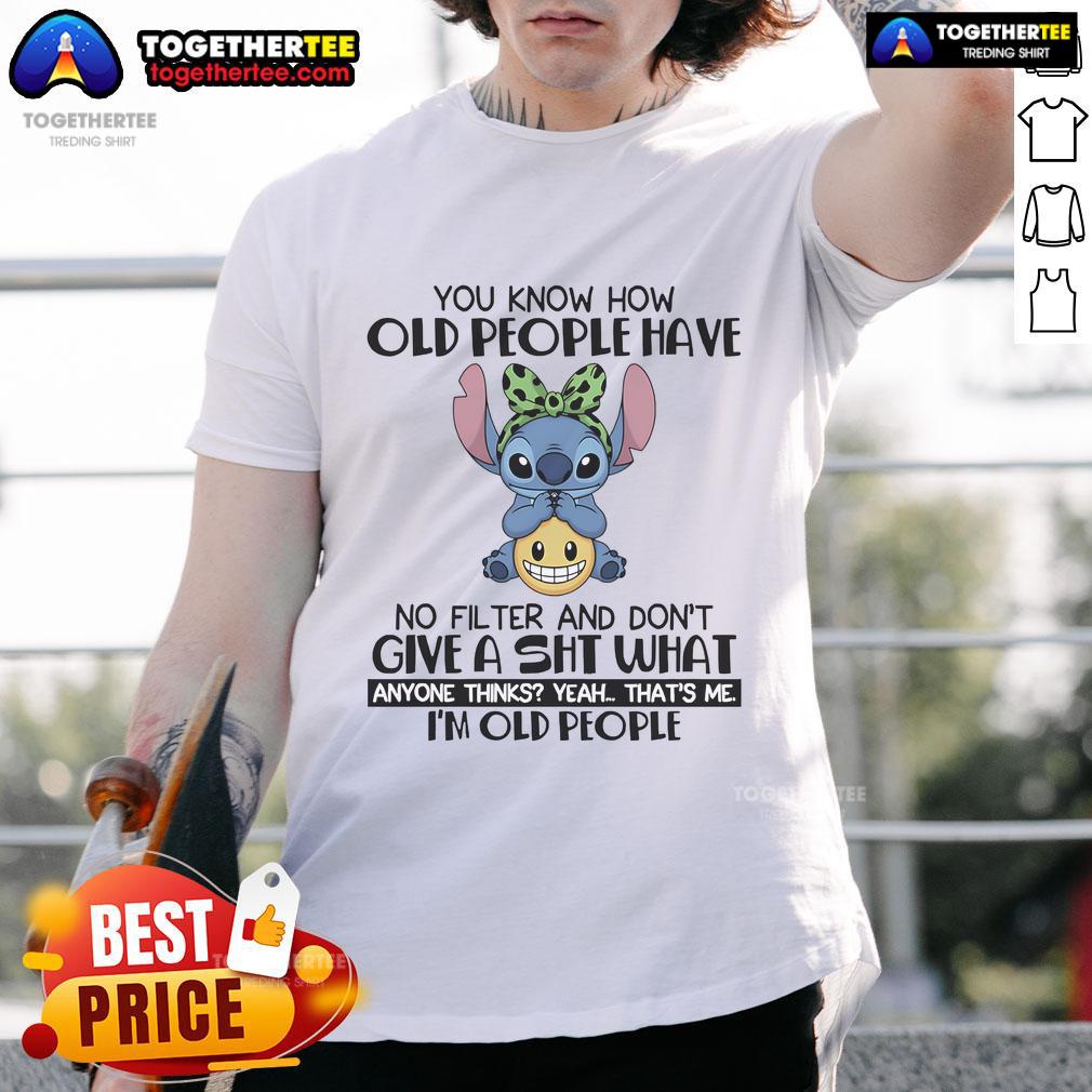 Alt Text: Happy Stitch T-shirt featuring the phrase about older people having no filter and embracing honesty.