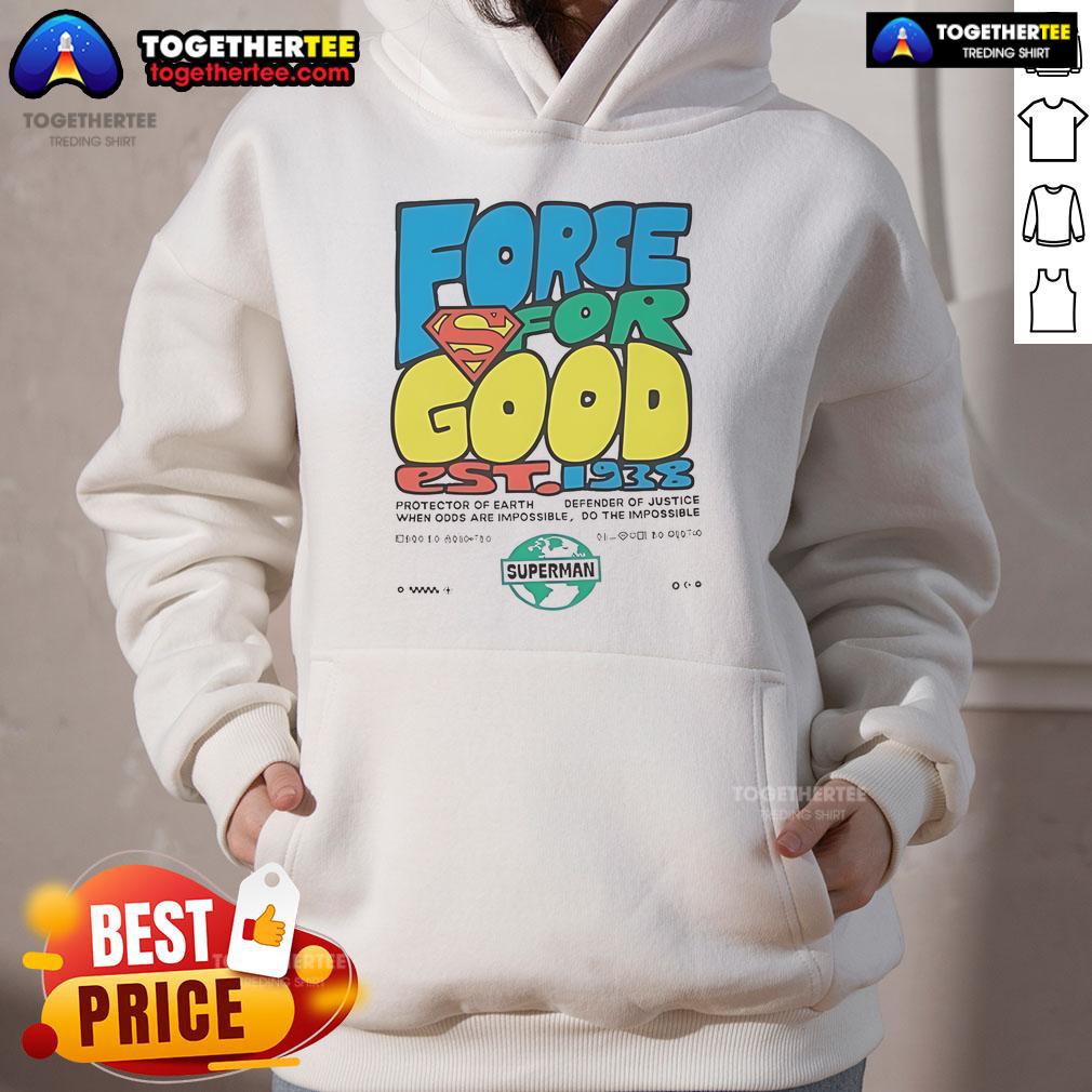 Happy Superman Force for Good Est 1938 hoodie featuring vibrant colors and iconic superhero design for fans.