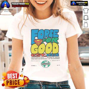 Alt Text: Happy Superman graphic on a Force for Good Est. 1938 ladies tee, showcasing a vibrant design for superhero fans.
