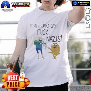 Adventure Time Finn and Jake graphic t-shirt featuring 'Fck Nazis' slogan, perfect for fans of the animated series.