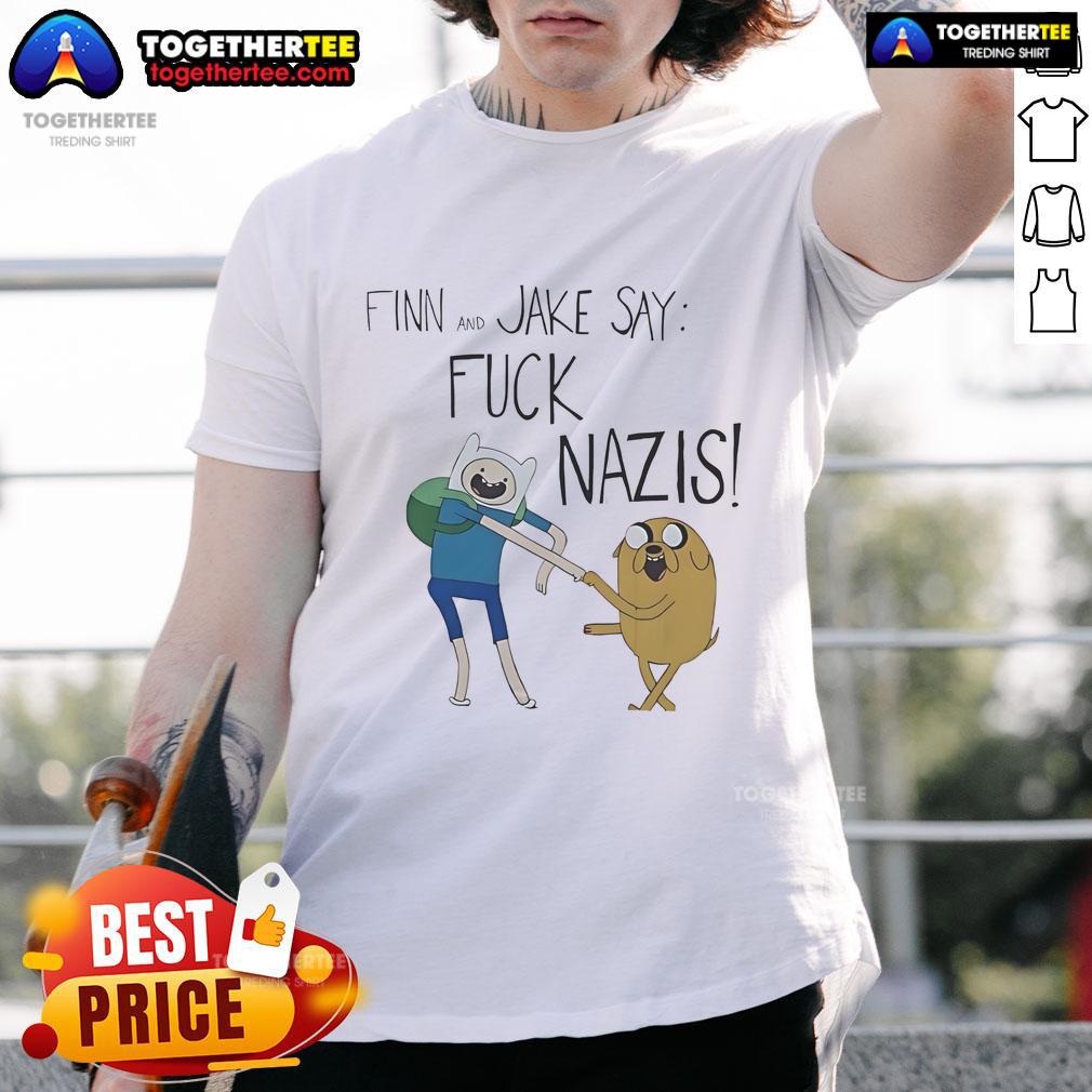 Adventure Time Finn and Jake graphic t-shirt featuring 'Fck Nazis' slogan, perfect for fans of the animated series.