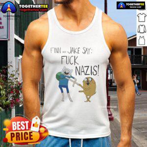 Finn and Jake from Adventure Time in a bold tank top saying 'Fk Nazis', promoting anti-hate activism.