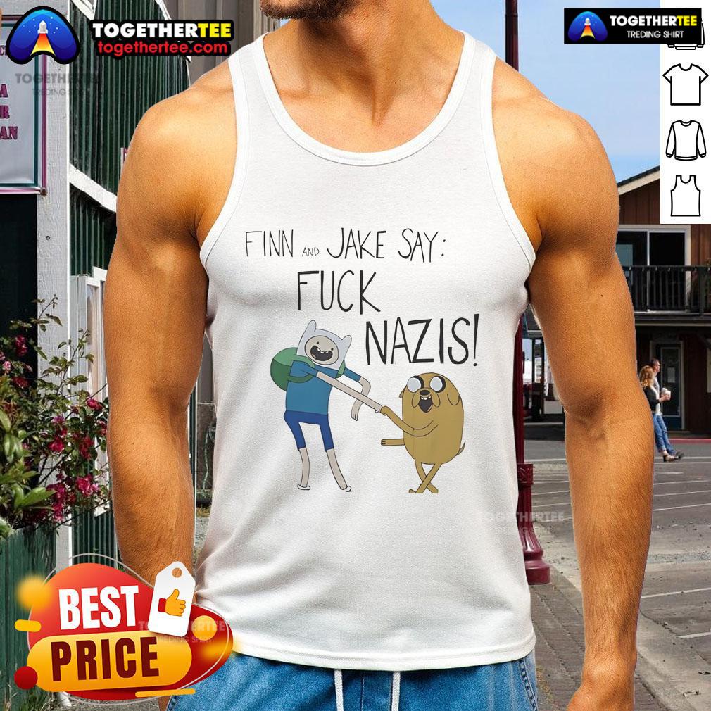 Finn and Jake from Adventure Time in a bold tank top saying 'Fk Nazis', promoting anti-hate activism.