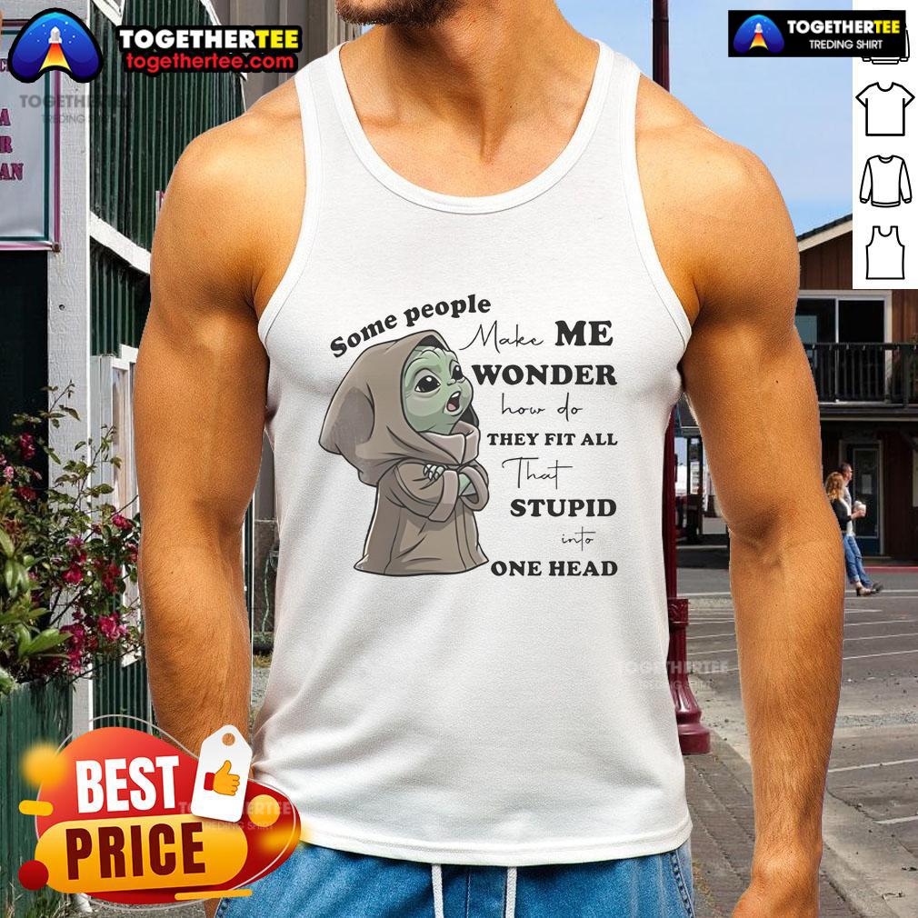 Cute Baby Yoda wearing a humorous tank top, showcasing a playful design that sparks curiosity and laughter.